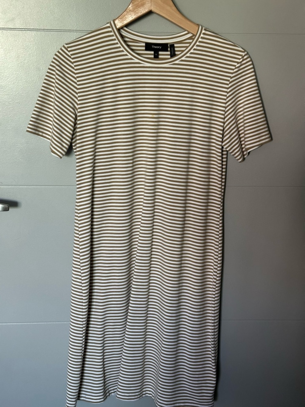Theory Beige and White Striped Midi Dress